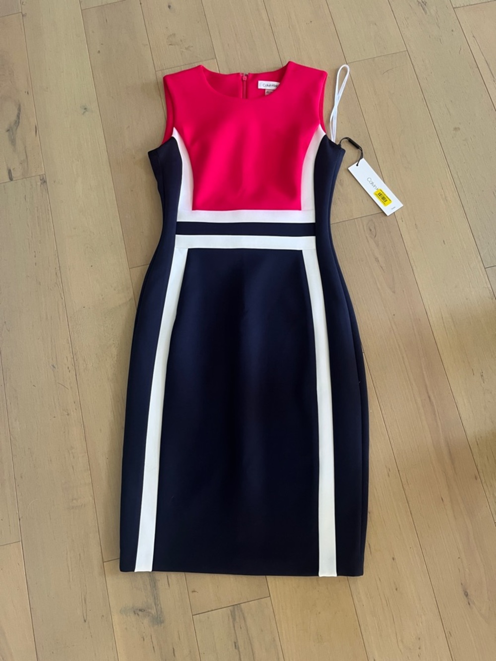 Calvin Klein Hot Pink, Navy & White Colorblocked Midi Sheath Dress
